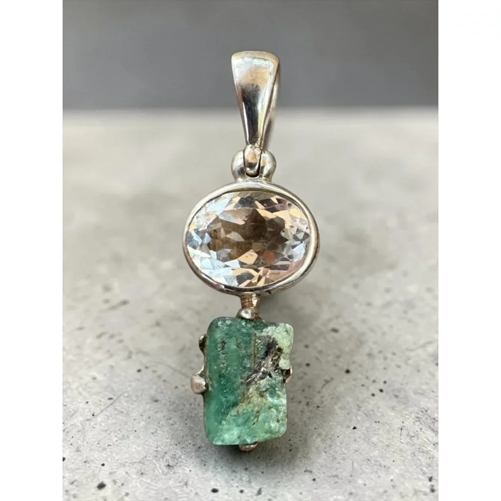 Emerald & White Topaz Solid 925 Sterling Silver Pendant